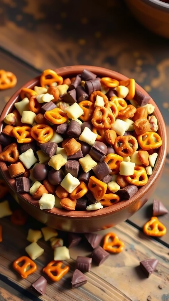 A bowl of homemade snack mix with pretzels, nuts, and chocolate on a wooden table.